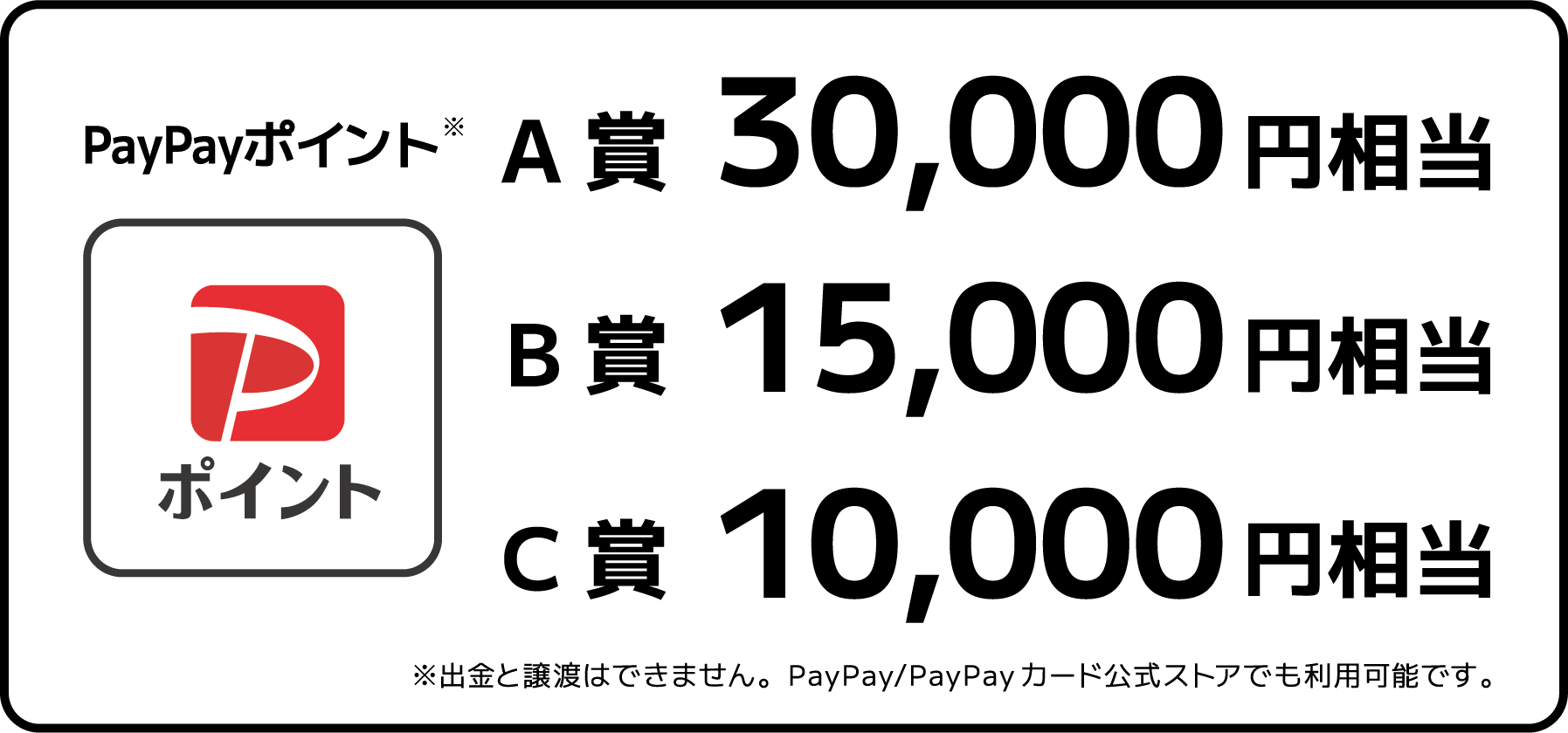 PayPayポイント A賞 30,000円 相当 / B賞 15,000円 相当 / C賞 10,000円 相当